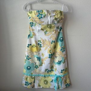 La Jolie | Strapless Cotton Floral Mid Length Dress